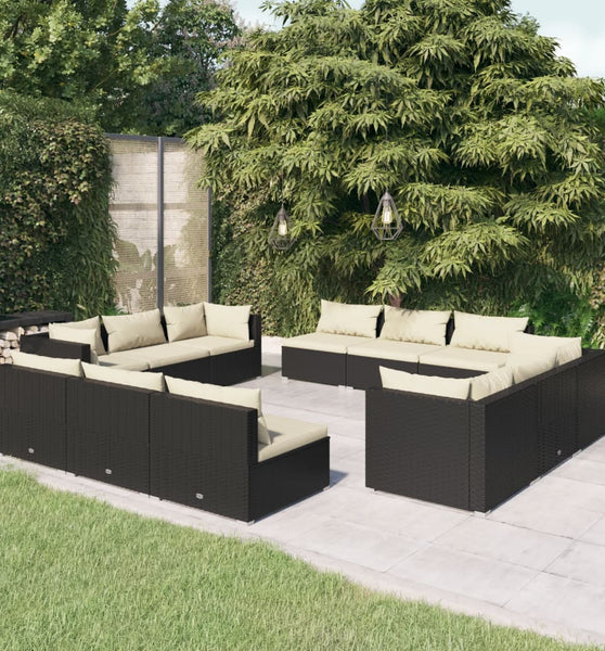 12-tlg. Garten-Lounge-Set mit Kissen Poly Rattan Schwarz