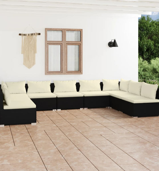 9-tlg. Garten-Lounge-Set mit Kissen Poly Rattan Schwarz