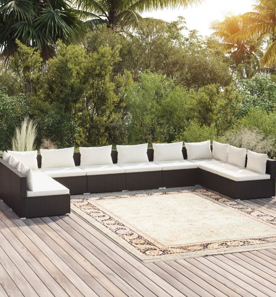 10-tlg. Garten-Lounge-Set mit Kissen Poly Rattan Schwarz