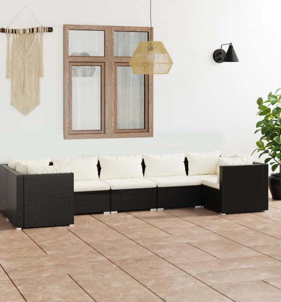 7-tlg. Garten-Lounge-Set mit Kissen Poly Rattan Schwarz