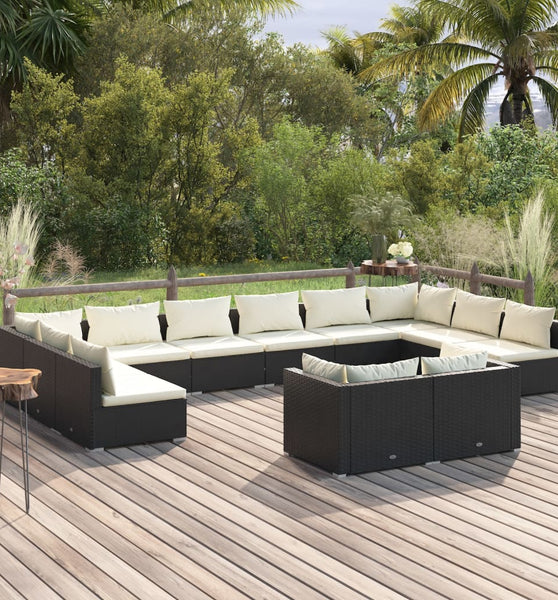 12-tlg. Garten-Lounge-Set mit Kissen Schwarz Poly Rattan