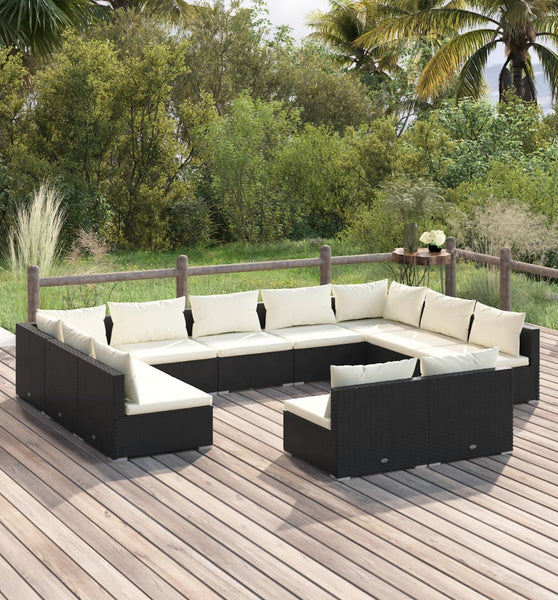 11-tlg. Garten-Lounge-Set mit Kissen Schwarz Poly Rattan