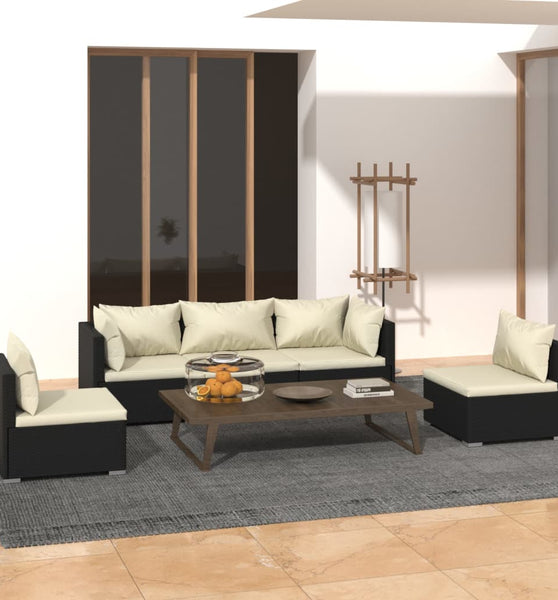 5-tlg. Garten-Lounge-Set mit Kissen Poly Rattan Schwarz