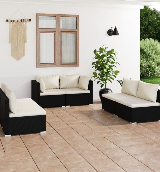 6-tlg. Garten-Lounge-Set mit Kissen Poly Rattan Schwarz