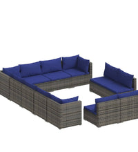 12-tlg. Garten-Lounge-Set mit Kissen Grau Poly Rattan