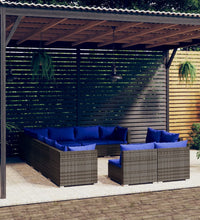 12-tlg. Garten-Lounge-Set mit Kissen Grau Poly Rattan