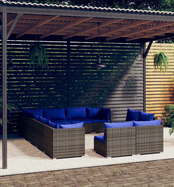 12-tlg. Garten-Lounge-Set mit Kissen Grau Poly Rattan