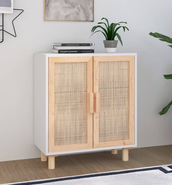 Sideboard Weiß 60x30x70 cm Massivholz Kiefer und Natur-Rattan