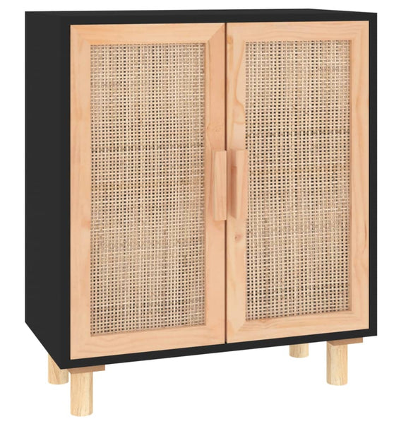 Sideboard Schwarz 60x30x70cm Massivholz Kiefer und Natur-Rattan