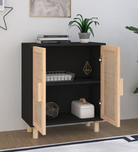 Sideboard Schwarz 60x30x70cm Massivholz Kiefer und Natur-Rattan