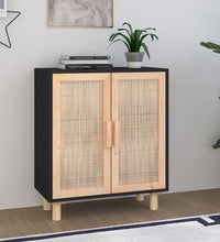 Sideboard Schwarz 60x30x70cm Massivholz Kiefer und Natur-Rattan