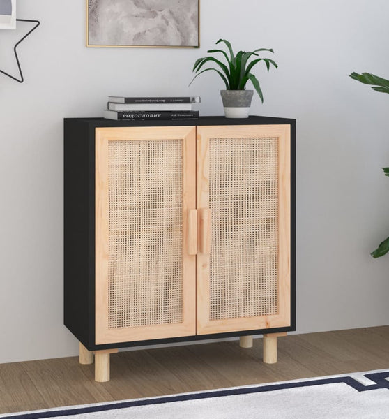 Sideboard Schwarz 60x30x70cm Massivholz Kiefer und Natur-Rattan