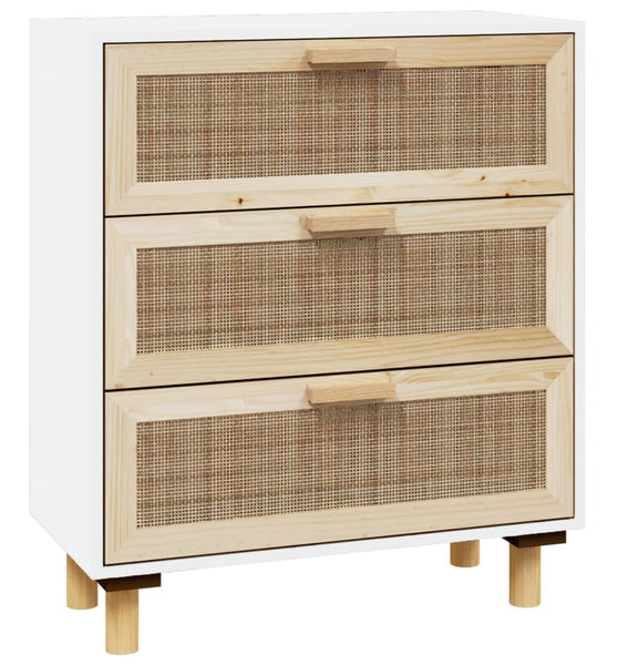 Sideboard Weiß 60x30x70 cm Massivholz Kiefer und Natur-Rattan