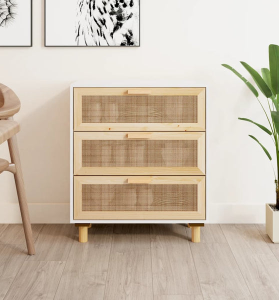 Sideboard Weiß 60x30x70 cm Massivholz Kiefer und Natur-Rattan