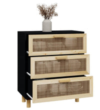 Sideboard Schwarz 60x30x70cm Massivholz Kiefer und Natur-Rattan