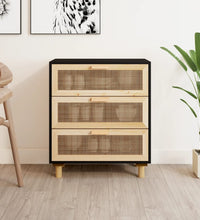 Sideboard Schwarz 60x30x70cm Massivholz Kiefer und Natur-Rattan