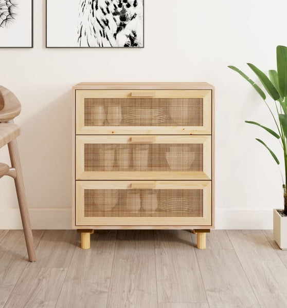 Sideboard Braun 60x30x70 cm Massivholz Kiefer und Natur-Rattan