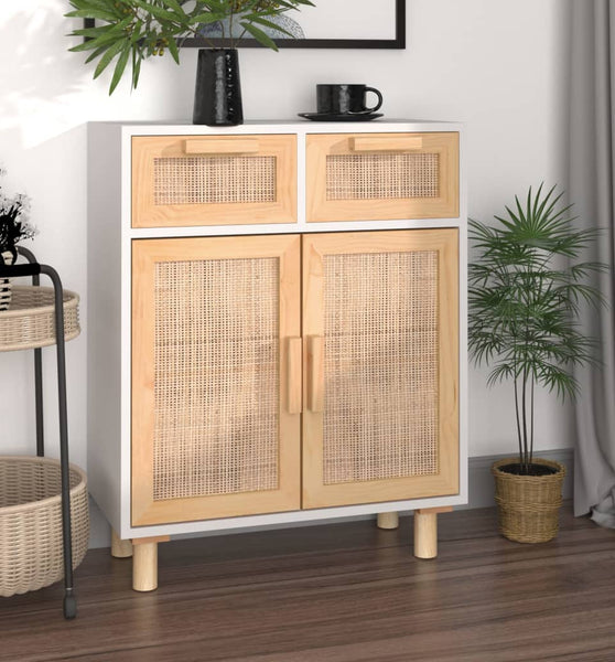 Sideboard Weiß 60x30x75 cm Massivholz Kiefer und Natur-Rattan