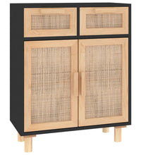 Sideboard Schwarz 60x30x75cm Massivholz Kiefer und Natur-Rattan