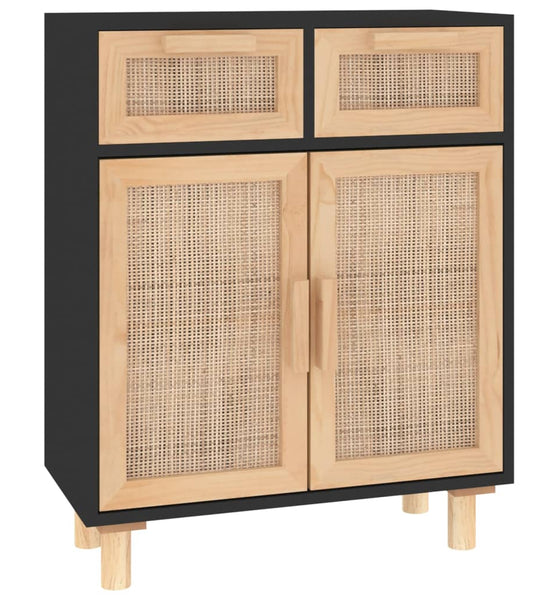 Sideboard Schwarz 60x30x75cm Massivholz Kiefer und Natur-Rattan