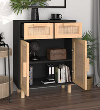 Sideboard Schwarz 60x30x75cm Massivholz Kiefer und Natur-Rattan