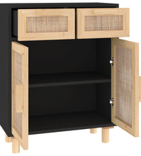 Sideboard Schwarz 60x30x75cm Massivholz Kiefer und Natur-Rattan