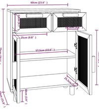 Sideboard Schwarz 60x30x75cm Massivholz Kiefer und Natur-Rattan