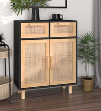 Sideboard Schwarz 60x30x75cm Massivholz Kiefer und Natur-Rattan