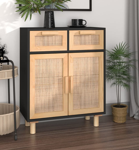 Sideboard Schwarz 60x30x75cm Massivholz Kiefer und Natur-Rattan