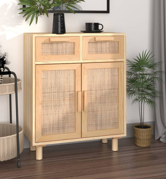 Sideboard Braun 60x30x75 cm Massivholz Kiefer und Natur-Rattan