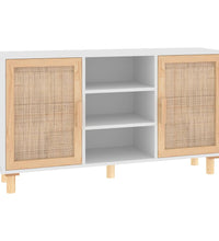 Sideboard Weiß 105x30x60 cm Massivholz Kiefer und Natur-Rattan