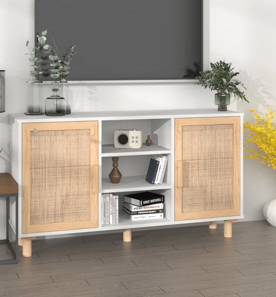 Sideboard Weiß 105x30x60 cm Massivholz Kiefer und Natur-Rattan