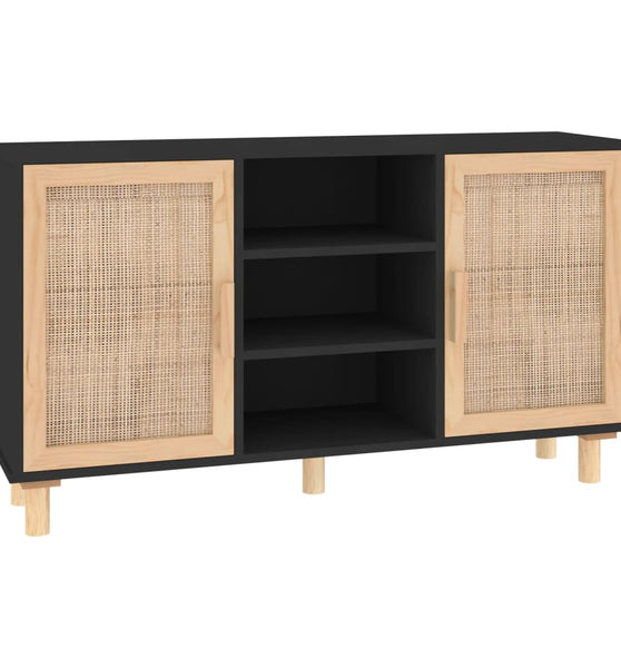 Sideboard Schwarz 105x30x60 cm Massivholz Kiefer Natur-Rattan