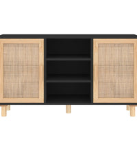 Sideboard Schwarz 105x30x60 cm Massivholz Kiefer Natur-Rattan