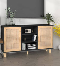 Sideboard Schwarz 105x30x60 cm Massivholz Kiefer Natur-Rattan