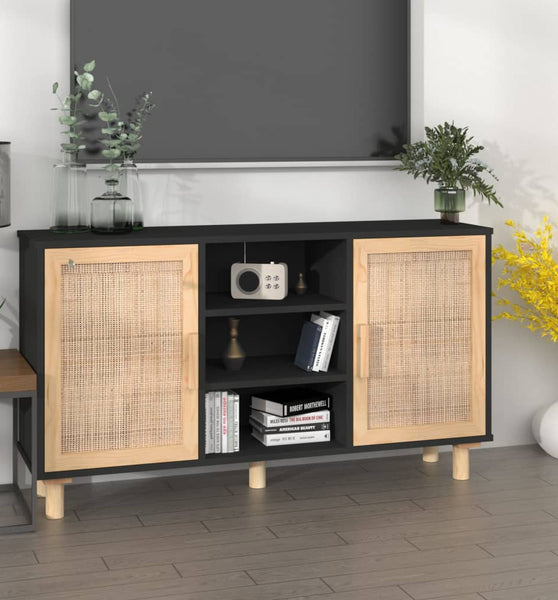 Sideboard Schwarz 105x30x60 cm Massivholz Kiefer Natur-Rattan