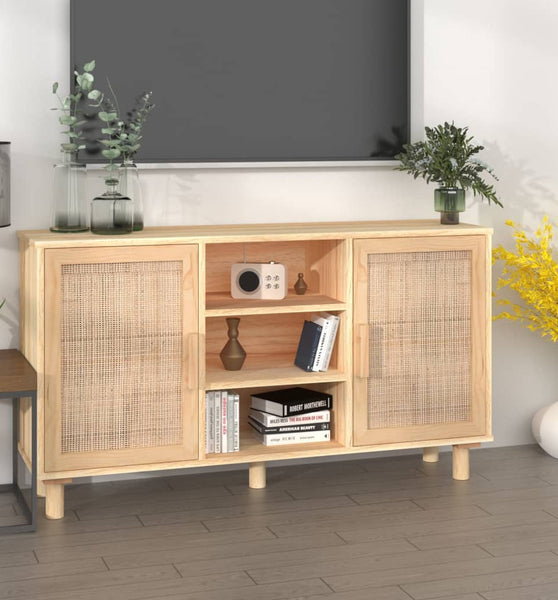 Sideboard Braun 105x30x60 cm Massivholz Kiefer und Natur-Rattan