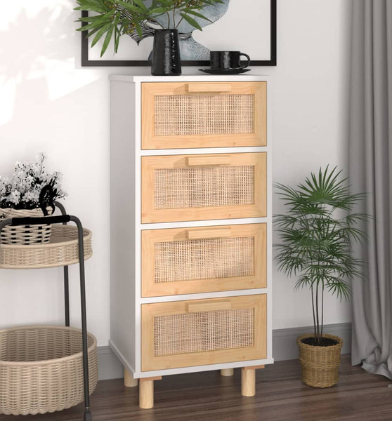 Sideboard Weiß 40x30x90 cm Massivholz Kiefer und Natur-Rattan