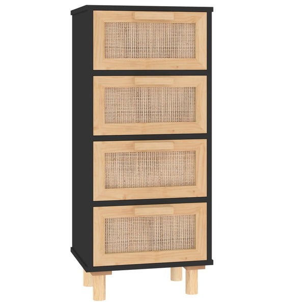 Sideboard Schwarz 40x30x90cm Massivholz Kiefer und Natur-Rattan