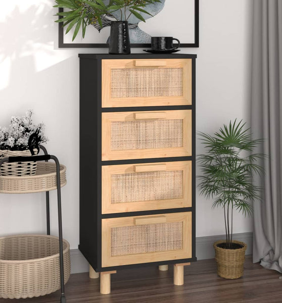 Sideboard Schwarz 40x30x90cm Massivholz Kiefer und Natur-Rattan