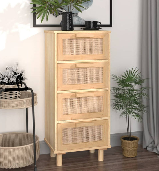 Sideboard Braun 40x30x90 cm Massivholz Kiefer und Natur-Rattan