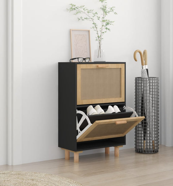 Schuhschrank Schwarz 52x25x80 cm Holzwerkstoff & Rattan Natur