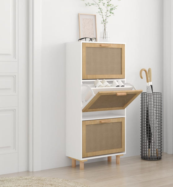 Schuhschrank Weiß 52x25x115 cm Holzwerkstoff & Rattan Natur