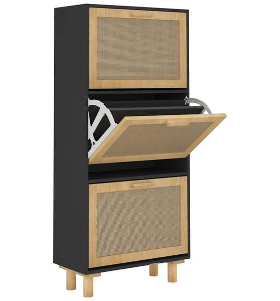 Schuhschrank Schwarz 52x25x115 cm Holzwerkstoff & Rattan Natur