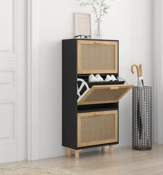 Schuhschrank Schwarz 52x25x115 cm Holzwerkstoff & Rattan Natur