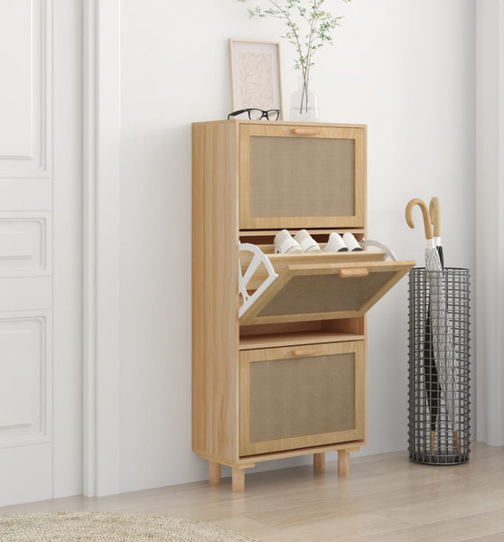 Schuhschrank Braun 52x25x115 cm Holzwerkstoff & Rattan Natur