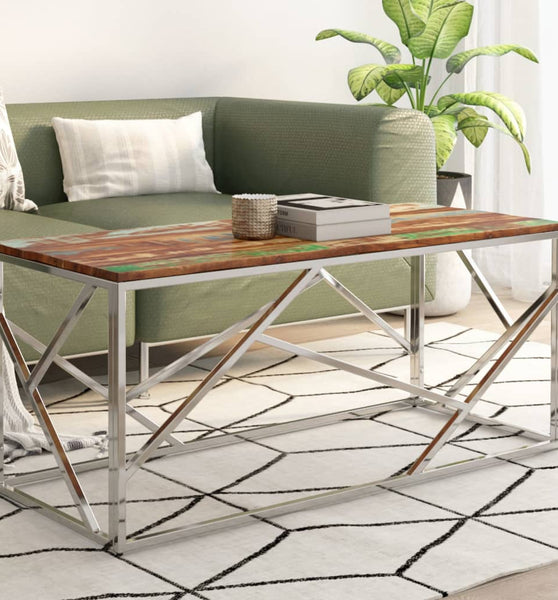 Couchtisch Silbern Edelstahl und Altholz Massiv