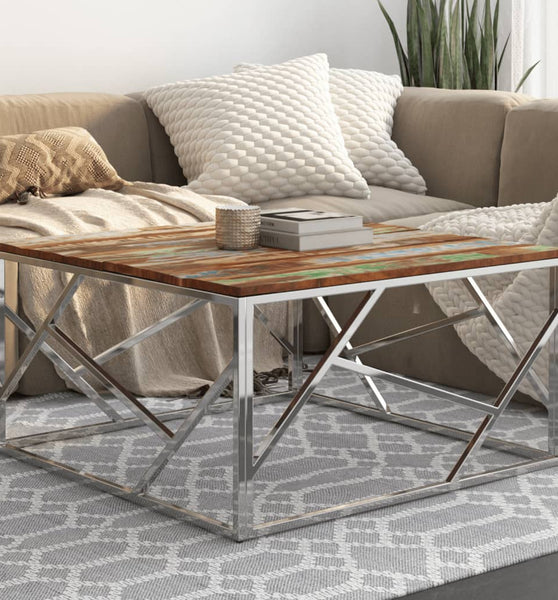 Couchtisch Silbern Edelstahl und Altholz Massiv
