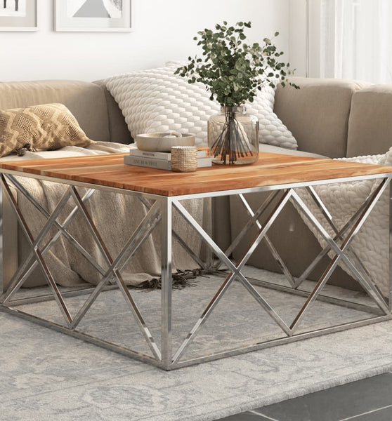 Couchtisch Silbern Edelstahl und Massivholz Akazie