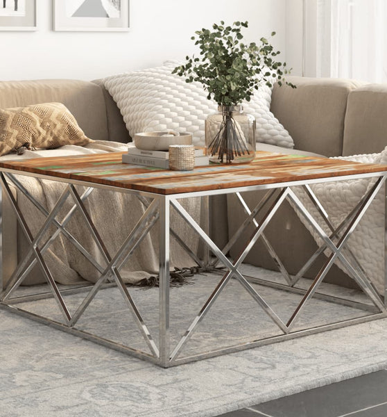 Couchtisch Silbern Edelstahl und Altholz Massiv
